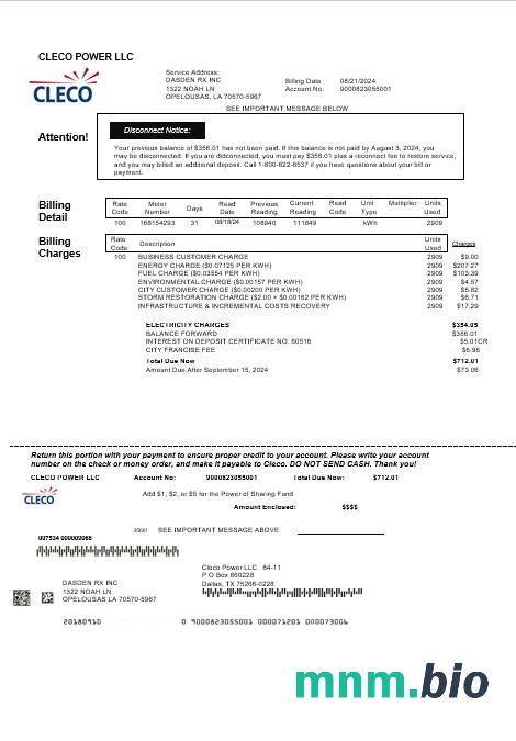 USA Louisiana Cleco Power electricity rachunek za usługi komunalne szablon w formacie Word i PDF